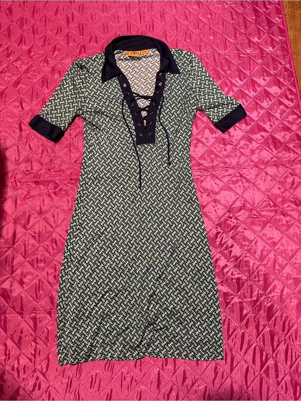 Tory Burch Navy-Trim Green Patterned Lace-Up Midi Dress